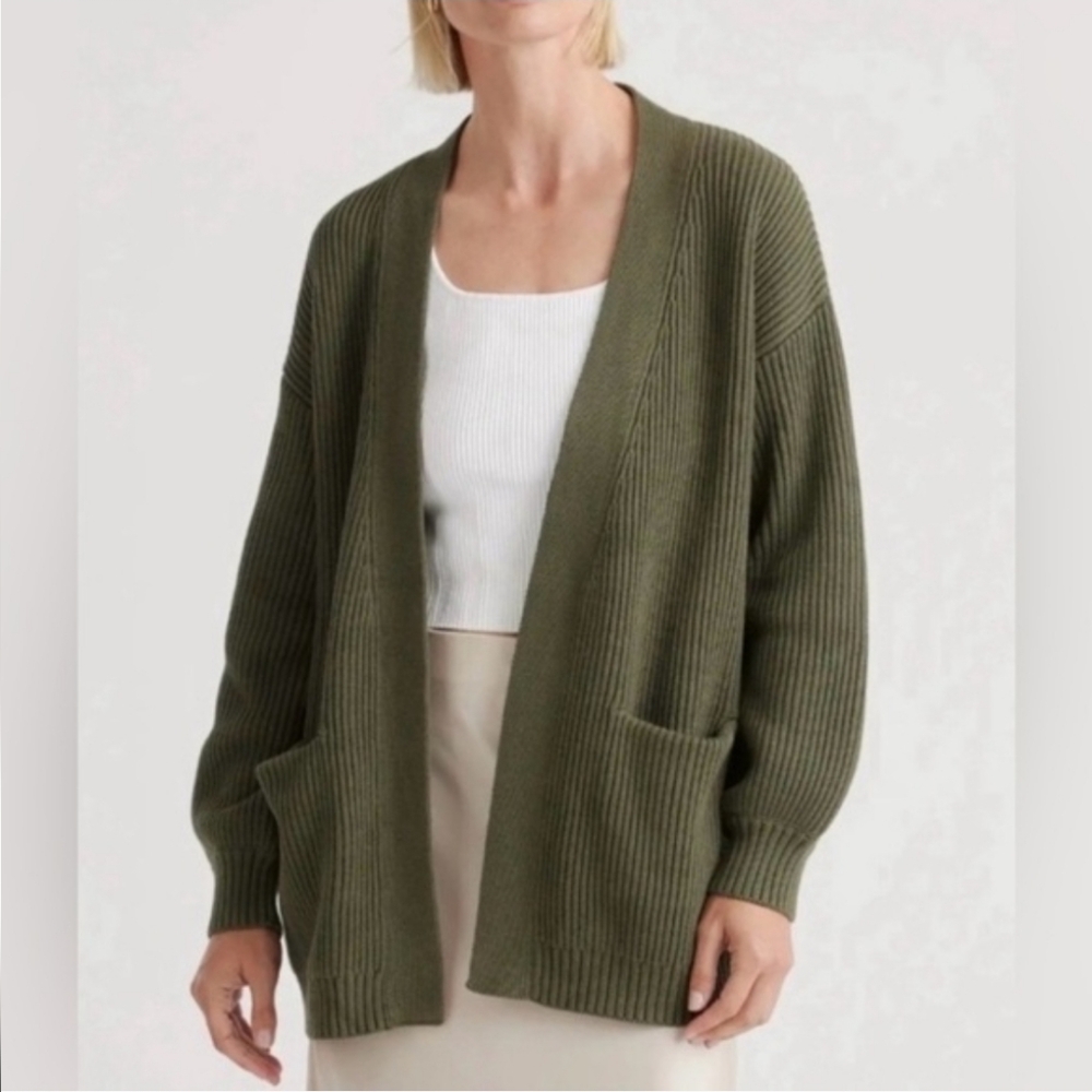 Quince 100% Organic Cotton Olive Ribbed Open-Front Pocket Cardigan Size Small